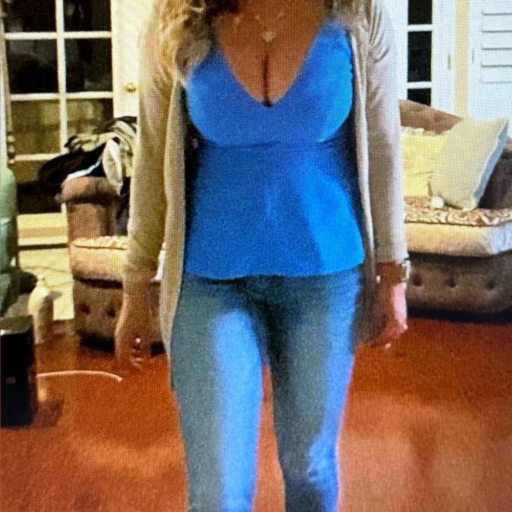 BCBG v-neck top, zipper back, you can tie around the front or back. Small, blue
